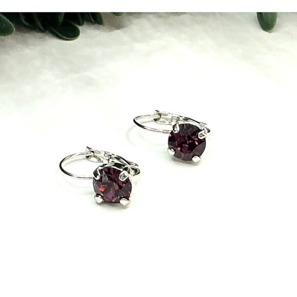 Silver-Tone  Leverback Earrings With Purple Gemstone Round Cut - Picture 2 of 6